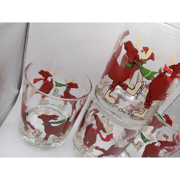 4 Vintage Cera Glasses / Tumblers Ice Skating Moose LowBall Eggnog Drinking Cups - Picture 9 of 13